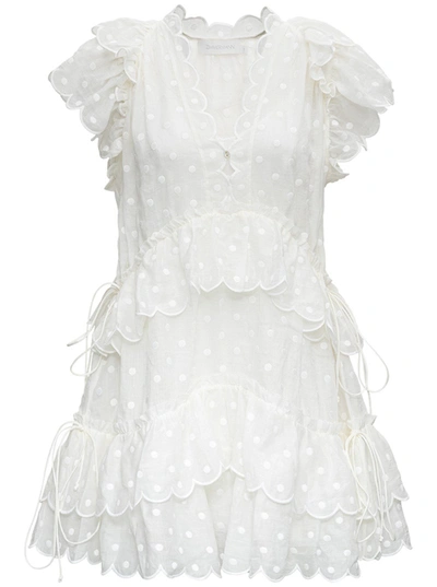 Zimmermann Mae荷叶边苎麻纤维迷你连衣裙 In White