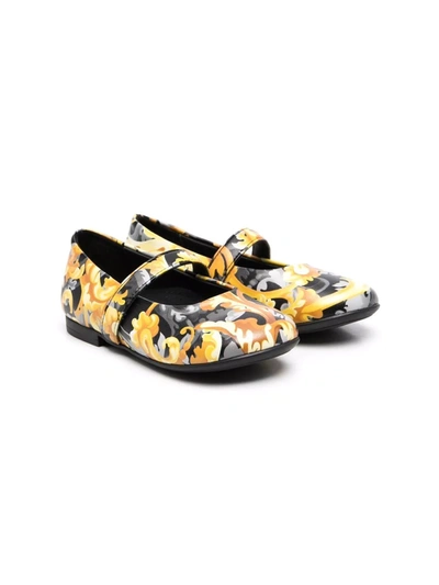 Versace Babies' Baroccoflage-print Leather Ballerinas In Black