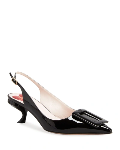 Roger Vivier Patent Buckle Kitten-heel Slingback Pumps In Black