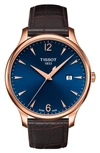 Tissot Tradition Leather Strap Watch, 42mm In Brown/ Blue/ Rose Gold