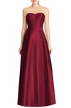 Alfred Sung Strapless Satin A-line Gown In Burgundy