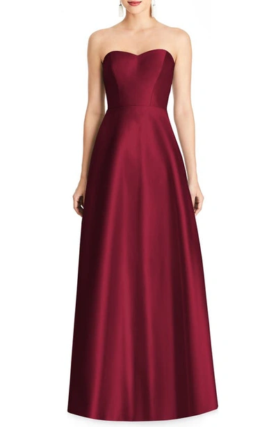 Alfred Sung Strapless Satin A-line Gown In Burgundy