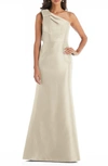 Alfred Sung Dessy Collection Bow One-shoulder Satin Trumpet Gown In Champagne