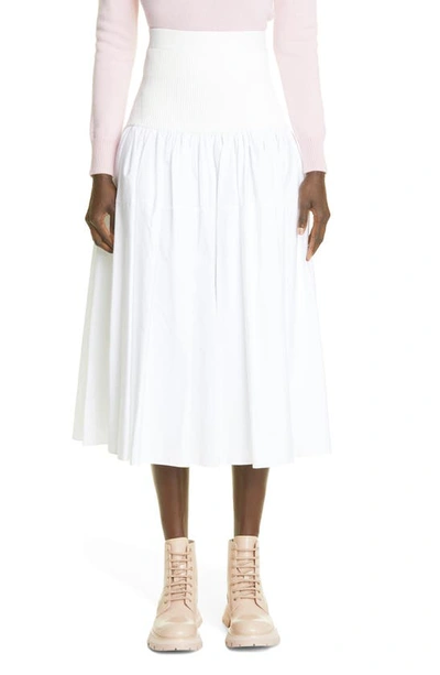 Alexander Mcqueen Drop Yoke Mixed Media Midi Skirt In Optical White