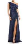 Mac Duggal Metallic One-shoulder Sheath Evening Gown In Midnight