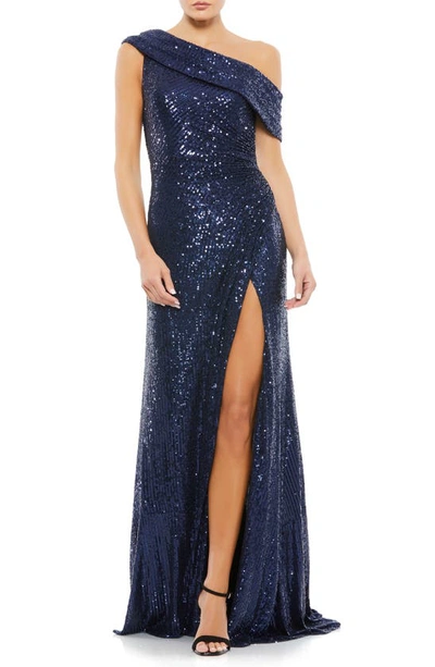 Mac Duggal Metallic One-shoulder Sheath Evening Gown In Midnight