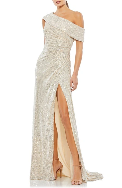 Mac Duggal Off-the-shoulder Beaded Side Shirred Gown In Nude