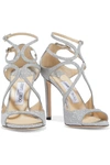 JIMMY CHOO LANG 100 GLITTERED LEATHER SANDALS,3074457345626337244