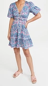 Shoshanna Weber Floral-print Ruffle-sleeve Dress In Slate Blue/raspberry/green