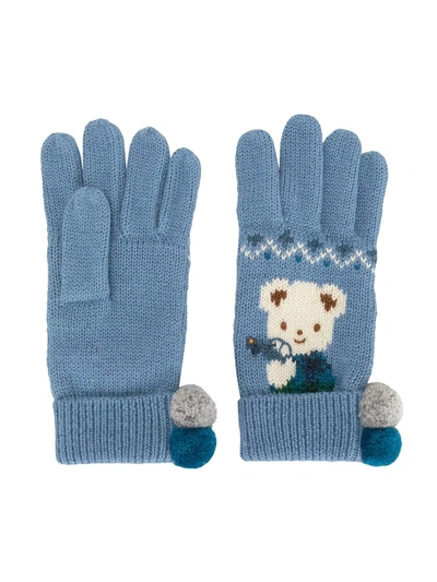 Familiar Kids' Teddy Bear Intarsia Knit Gloves In Blue