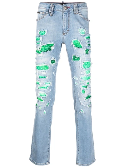 Philipp Plein Ripped-effect Slim-fit Jeans In Blue