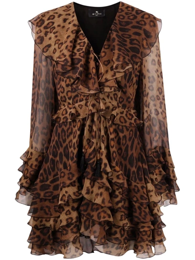 Etro Palm Springs Ruffled Leopard-print Silk Dress In Brown