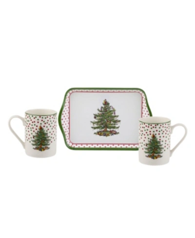 Spode Christmas Tree Polka Dot Mug And Tray Set, 3 Pieces In White Multi