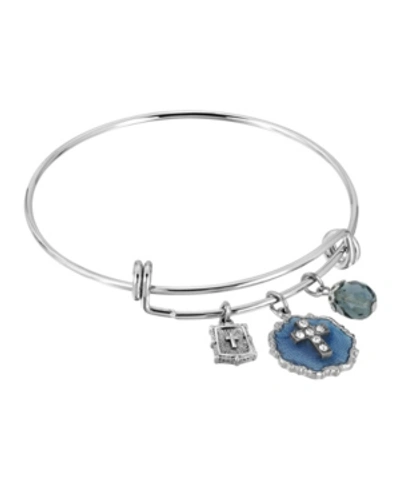 Symbols Of Faith Silver-tone Blue Enamel Crystal Cross Beaded Slide Charm Bracelet