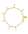 SYMBOLS OF FAITH 14K GOLD DIPPED MULTI CROSS IMITATION PEARL LINK BRACELET