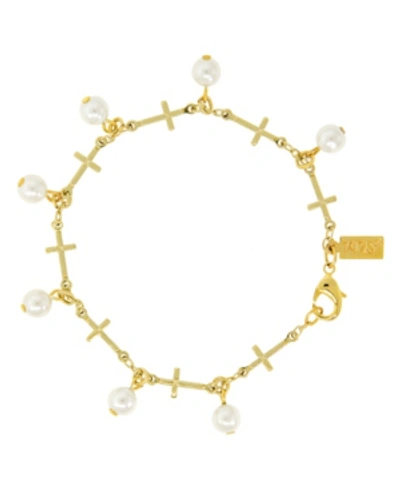 Symbols Of Faith 14k Gold Dipped Multi Cross Imitation Pearl Link Bracelet In Yellow