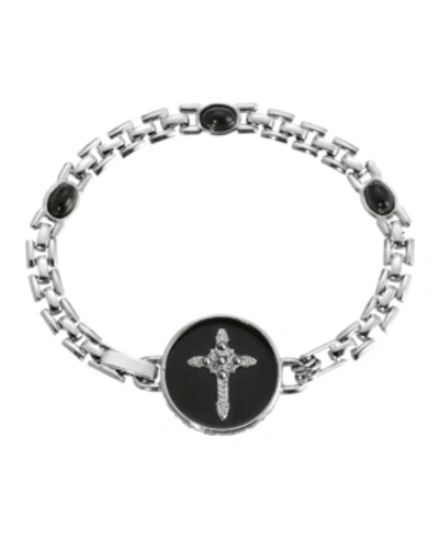 Symbols Of Faith Silver-tone Cross Black Enamel Circle Bracelet