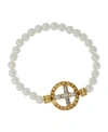 SYMBOLS OF FAITH GOLD-TONE CRYSTAL CROSS IMITATION PEARL STRETCH BRACELET