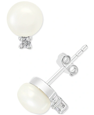 Effy Collection Effy Cultured Freshwater Pearl (7 Mm) & Diamond (1/10 Ct. T.w.) Stud Earrings In Sterling Silver