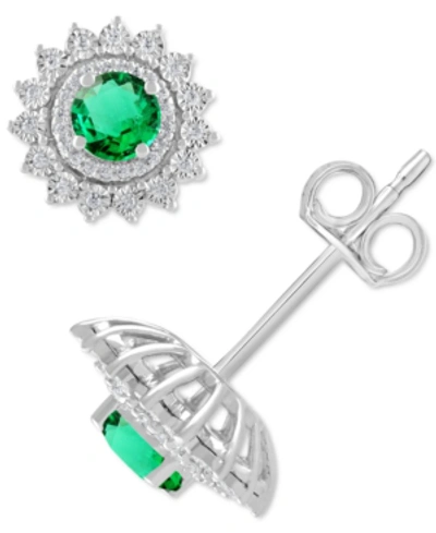 Macy's Emerald (1/2 Ct. T.w.) & Diamond (1/5 Ct. T.w.) Halo Stud Earrings In 14k White Gold (also In Sapphi