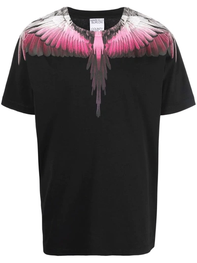 Marcelo Burlon County Of Milan Printed Wings Cotton Jersey T-shirt In Black,fuchsia