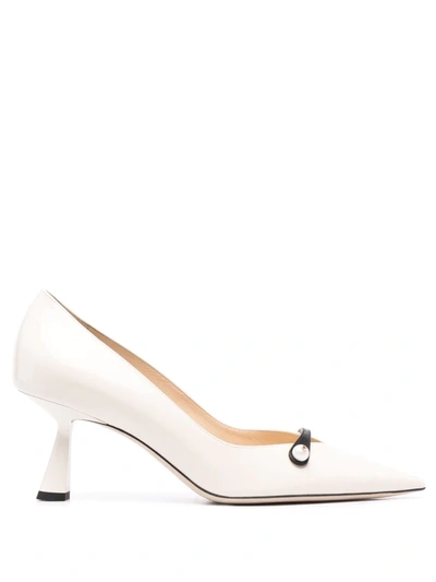 Jimmy Choo Rosalia 65 Pearl-embellished Patent-leather Courts In Latte/black