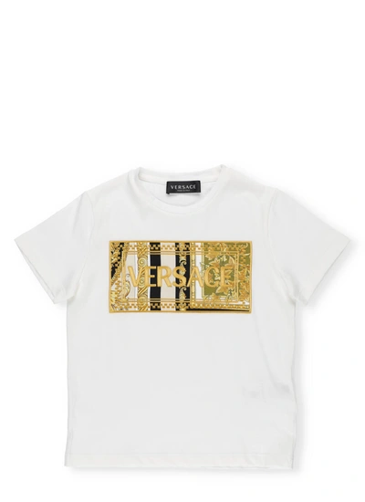 Versace Kids' Logo T-shirt In Bianco+nero+oro