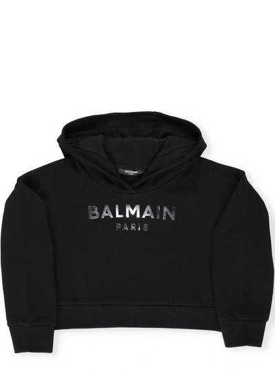 Balmain Kids' Long Sleeve Mirrored Logo Hoodie In Black