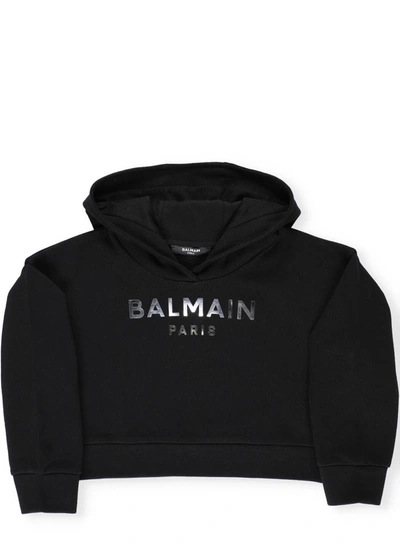 Balmain Kids' 镜面logo长袖连帽衫 In Black