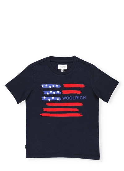 Woolrich Kids' Usa Flag T-shirt In Navy Blue