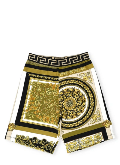 Versace Kids' Barocco Mosaic Cotton Jersey Shorts In Gold