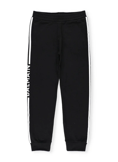 Balmain Teen Logo Stripe Cotton Joggers In Nero/bianco