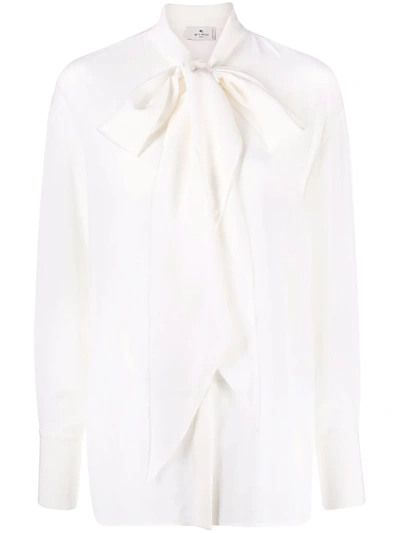 Etro Sardegna Tie-neck Pleated Silk Blouse In White