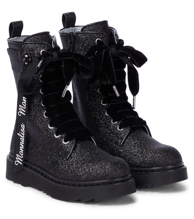 Monnalisa Kids' Glitter-detail Chunky Leather Boots In Nero
