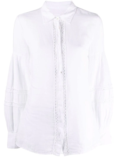 120% Lino Embroidered Bishop-sleeve Shirt W/ Covered Placket In White