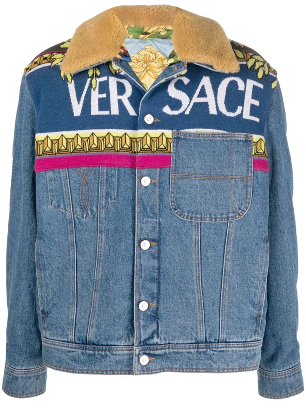 視線を集めて◇ロゴ Denim Jacket◇VERSACE Versace All Over Logo Print Cotton Denim Jacket In Blue - 55