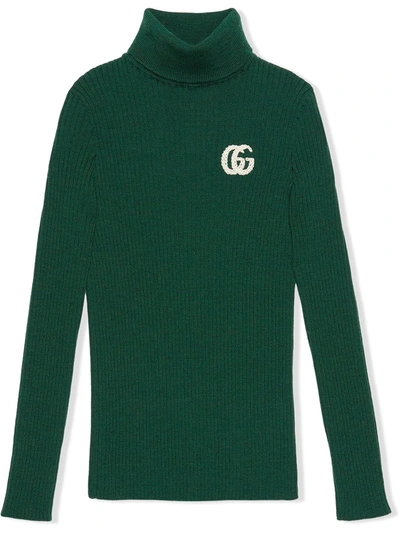 Gucci Kids' Gg Logo针织高领毛衣 In Green