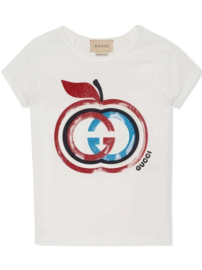 Gucci Kids' 苹果logo印花t恤 In White Multicolor