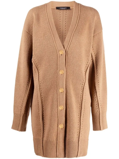 Versace Side-slit Longline Wool-blend Cardigan In Caramel