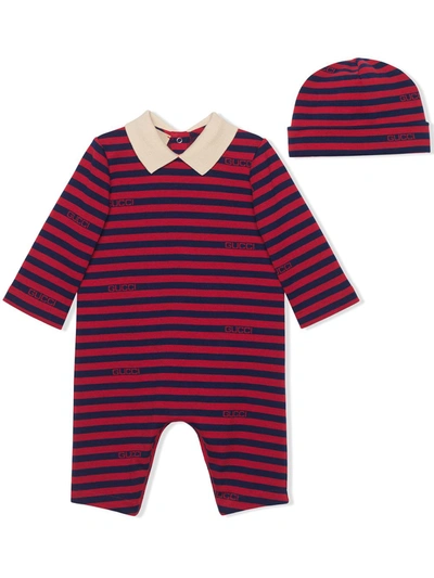 Gucci Babies' Striped Romper And Hat Gift Set In Blue