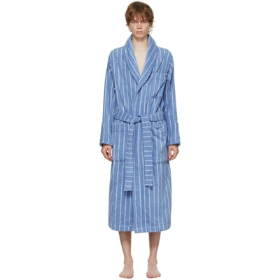 Tekla Blue & White Striped Classic Bathrobe In Marseille