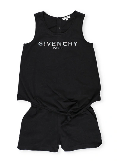 Givenchy Kids' Logo印花棉质平纹针织连身裤 In Black