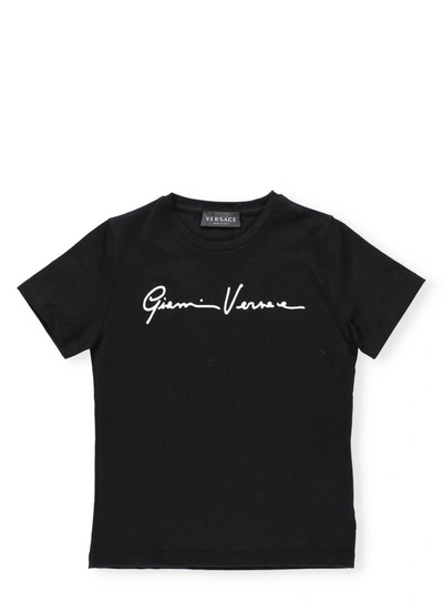 Versace Kids' Logo Print Cotton Jersey T-shirt In Nero+bianco