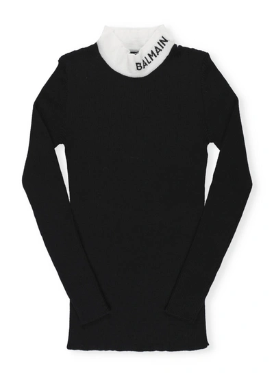 Balmain Kids' Virgin Wool Knit Sweater In Nero/bianco