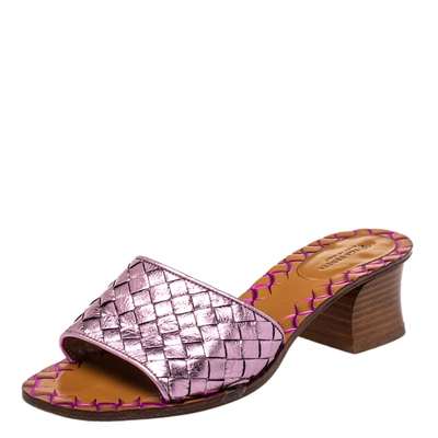 Pre-owned Bottega Veneta Metallic Purple Intrecciato Slide Sandals Size 36