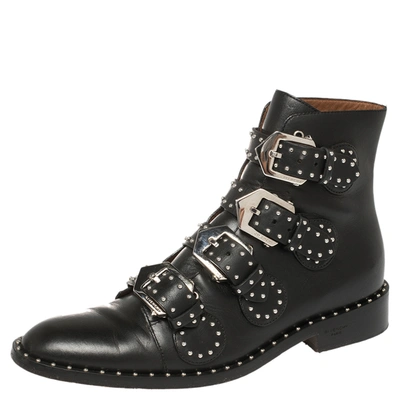 Pre-owned Givenchy Black Leather Multi Strap Studded Ankle Boots Size 38