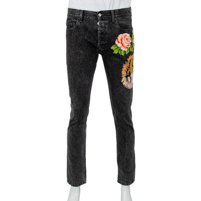 Pre-owned Gucci Charcoal Grey Denim Tiger & Floral Applique Tapered Jeans M