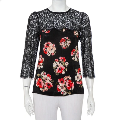 Pre-owned Dolce & Gabbana Black Floral Printed Silk & Lace Paneled Top M