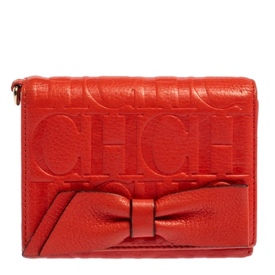 Pre-owned Carolina Herrera Orange Embossed Leather Bow Trifold Wallet