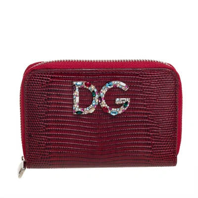 Pre-owned Dolce & Gabbana Red Lizard Embossed Leather Crystal-embellished Wallet